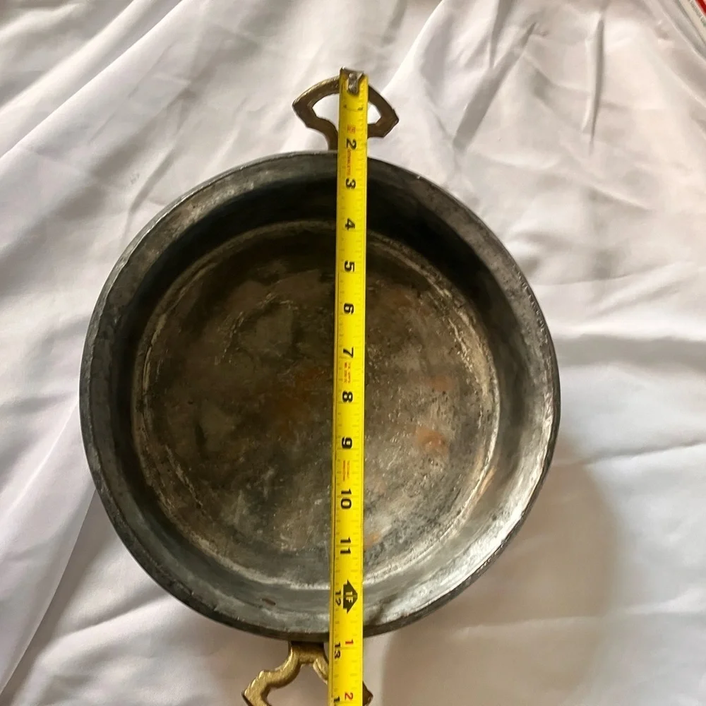 Vintage Copper Brass Round Hammered Bottom Pan Double Handles Wall Decor